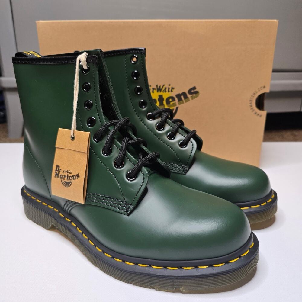 Dr. Martens Green Smooth Leather 8-Eye Lace-Up Ankle Boots